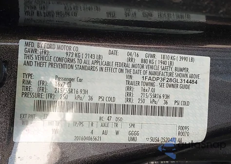 2016 Ford Focus Se from USA, damaged, VIN 1FADP3F28GL314484